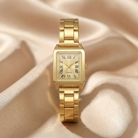 Gold Classic Rectangle Watch for Women | Stainless Steel Timepiece | Roman Dial Design