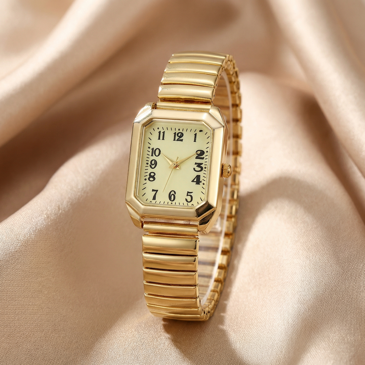 Gold Silver Vintage Rectangular Stretch Watch for Women | Stainless Steel Quartz Watch | Classic Retro Dial