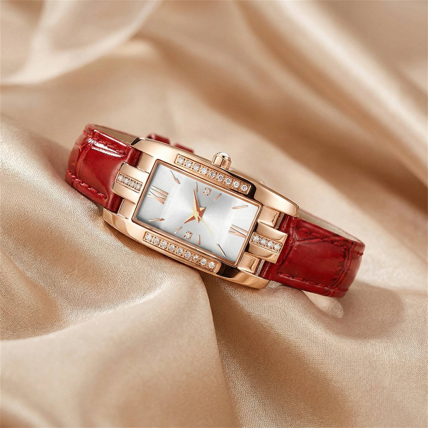 Elegant Rectangular Crystal Watch in Rose Gold | Refined Leather Strap Timepiece for Everyday Chic Style