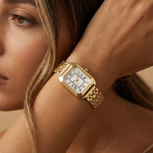 Gold & Silver Rectangular Bracelet Watch for Women | Stainless Steel Link Bracelet | Roman Dial Timepiece
