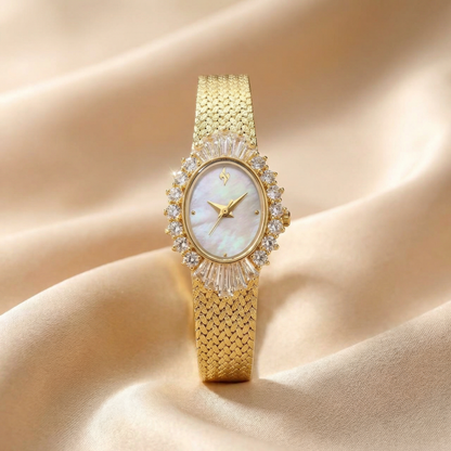 Luxury Oval Crystal Halo Bracelet Watch with Mesh Band | Elegant Vintage-Inspired Women’s Timepiece in Gold & Silver