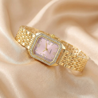 Gold Rectangular Bracelet Watch for Women | Crystal Bezel Stainless Steel Watch | Roman Dial