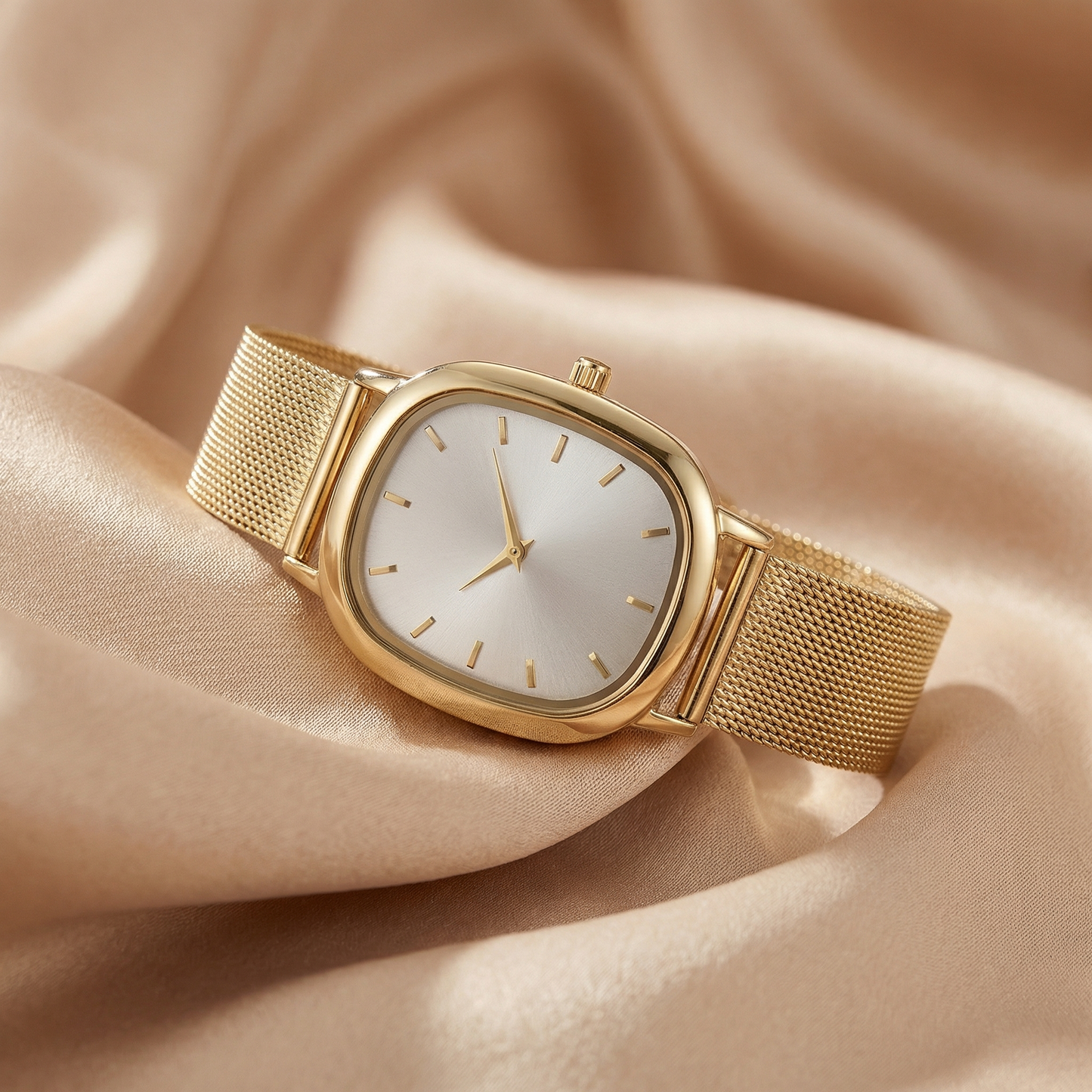 Gold Rose Gold Silver Minimal Square Mesh Watch for Women | Gold Rose Gold Silver Stainless Steel Watch | White Dial Timepiece