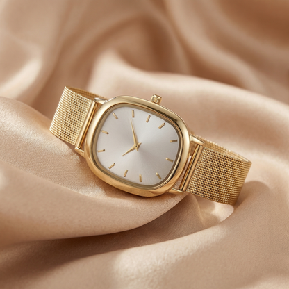 Gold Rose Gold Silver Minimal Square Mesh Watch for Women | Gold Rose Gold Silver Stainless Steel Watch | White Dial Timepiece