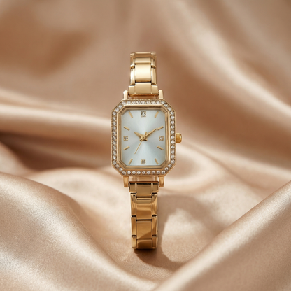 Gold Crystal Rectangle Watch for Women | Gold Stainless Steel Watch | Gold Champagne Black Dial Timepiece