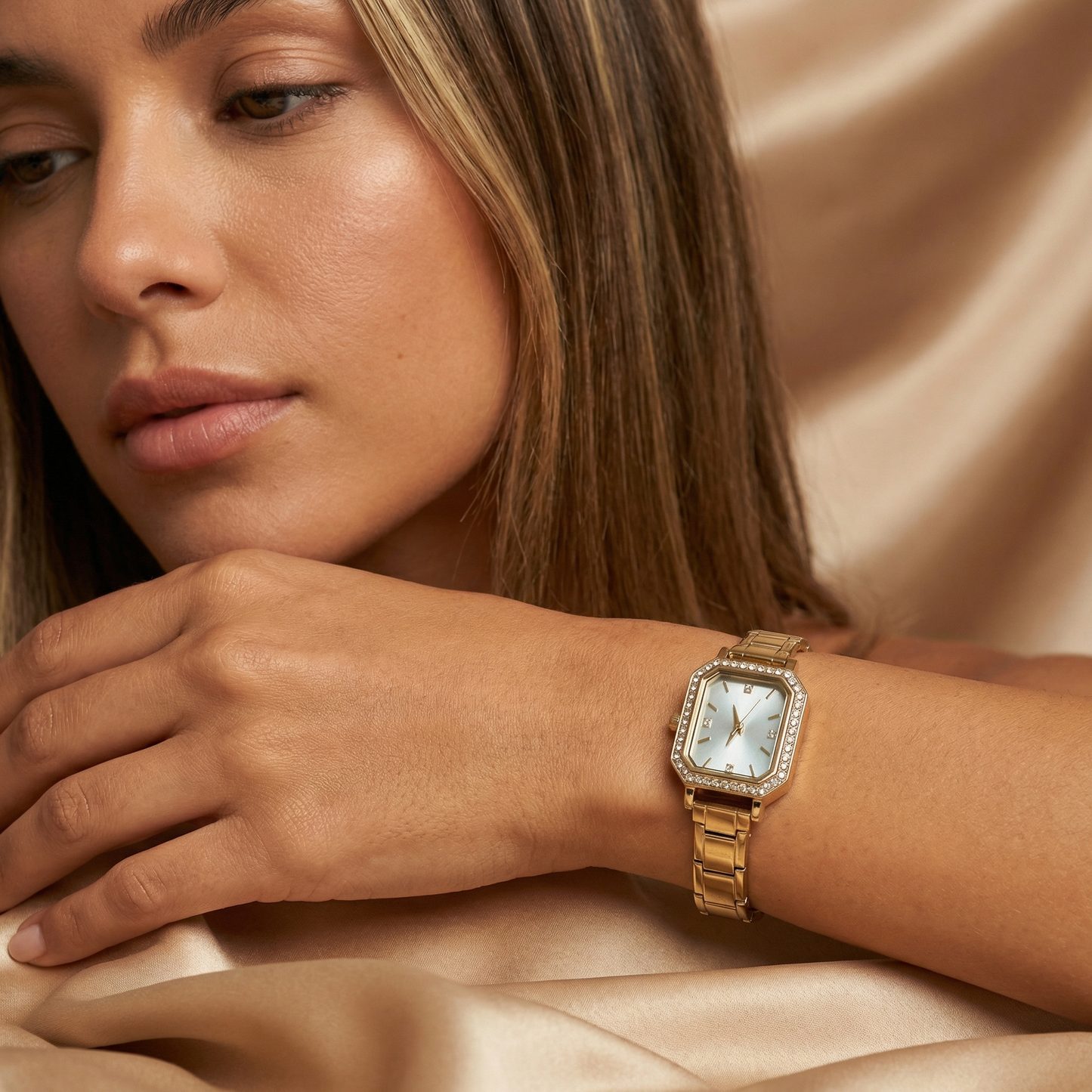 Gold Crystal Rectangle Watch for Women | Gold Stainless Steel Watch | Gold Champagne Black Dial Timepiece