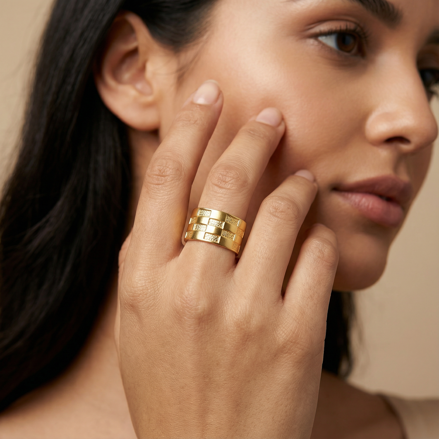 Gold Adjustable Checker Ring | Stainless Steel Open Band | Women’s Modern Pattern Ring | One Size Fits All