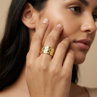 Gold Adjustable Checker Ring | Stainless Steel Open Band | Women’s Modern Pattern Ring | One Size Fits All