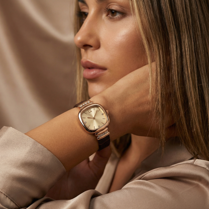 Rose Gold Square Leather Strap Watch | Champagne Dial Quartz Watch with Crystal Accents | Elegant Classic Timepiece