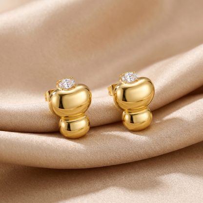 Heart Stud Earrings with Crystal Accent in Gold & Silver | Modern Sculpted Design