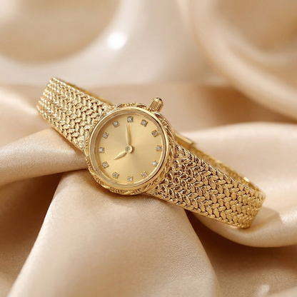 Luxury Mini Diamond Dial Watch in Gold & Silver | Elegant Woven Bracelet Timepiece for Everyday & Evening Style