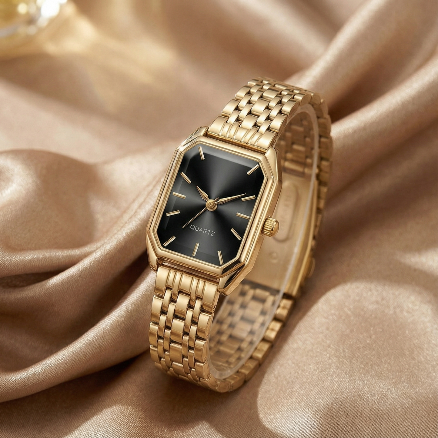 Gold Rectangular Women’s Watch | Stainless Steel Bracelet | Black Green Pink Dial Options | Elegant Modern Timepiece