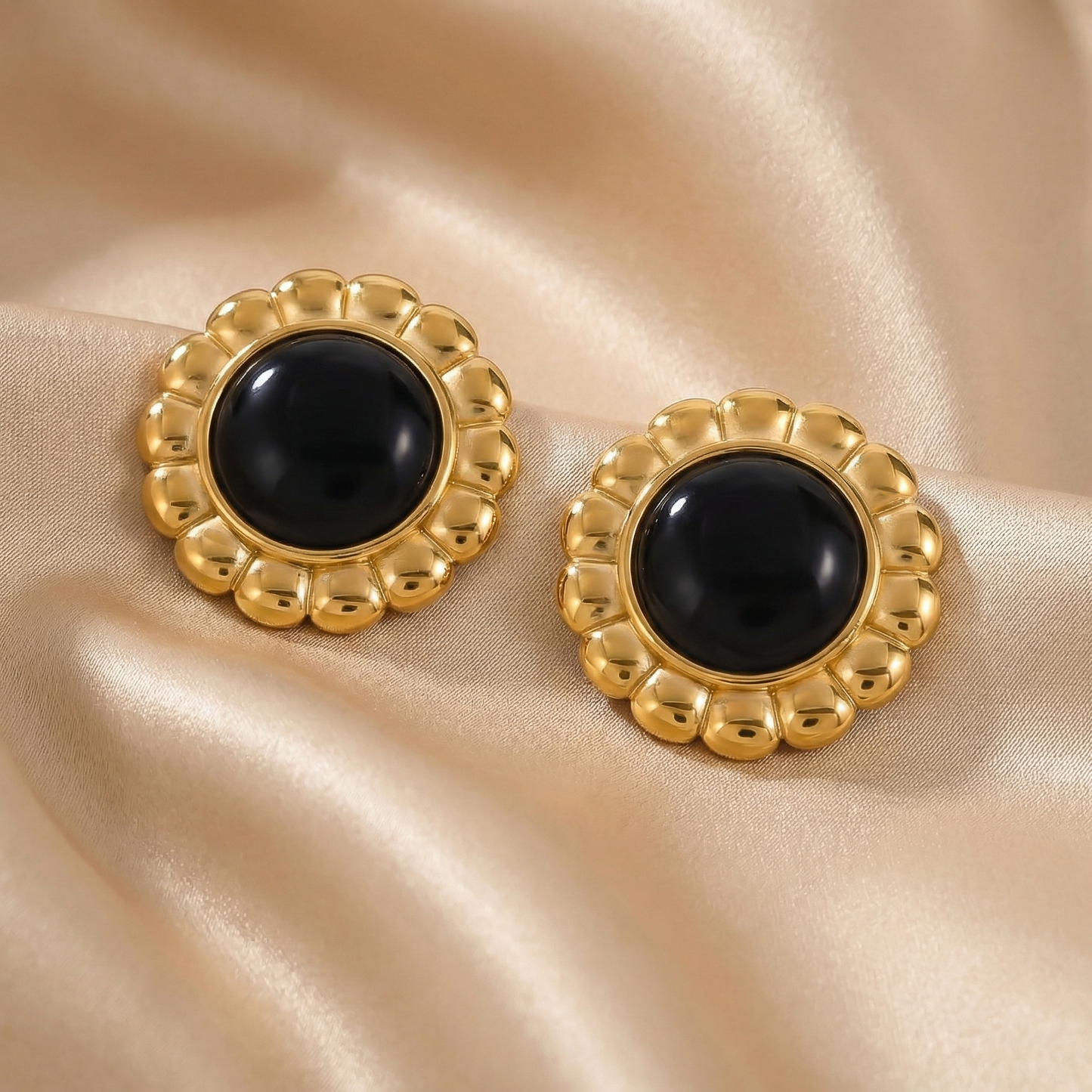 Bold Black Stone Round Stud Earrings in Gold Stainless Steel | Waterproof Statement Jewelry