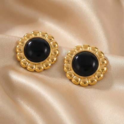 Bold Black Stone Round Stud Earrings in Gold Stainless Steel | Waterproof Statement Jewelry
