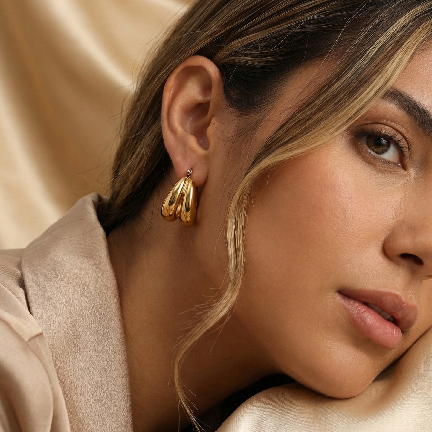 Chunky Gold-Tone Huggie Hoop Earrings | Polished Stainless Steel Hoops | Modern Luxury Statement Jewelry