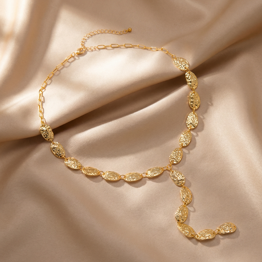 Gold Textured Y Necklace for Women | Hammered Disc Chain Necklace | Elegant Statement Jewelry