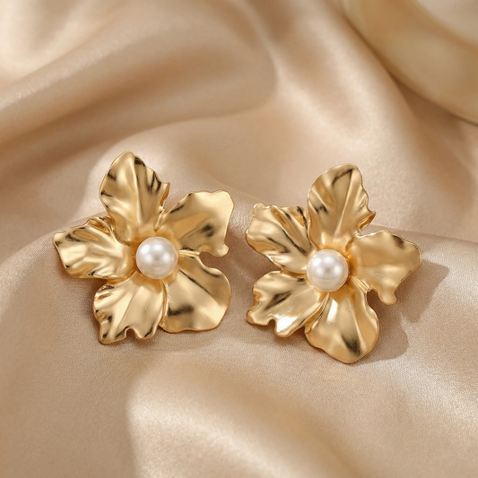 Luxury Sculpted Gold Flower Stud Earrings with Pearl Centre | Statement Botanical Petal Earrings in Polished Gold