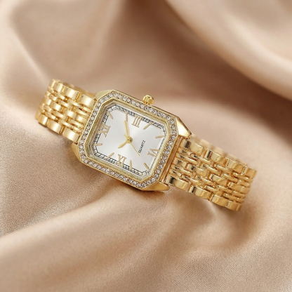 Gold Rectangular Bracelet Watch for Women | Crystal Bezel Stainless Steel Watch | Roman Dial