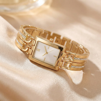 Luxury Gold Rectangular Bracelet Watch with Crystal-Link Design | Elegant Statement Dress Watch in Black, Gold & Champagne