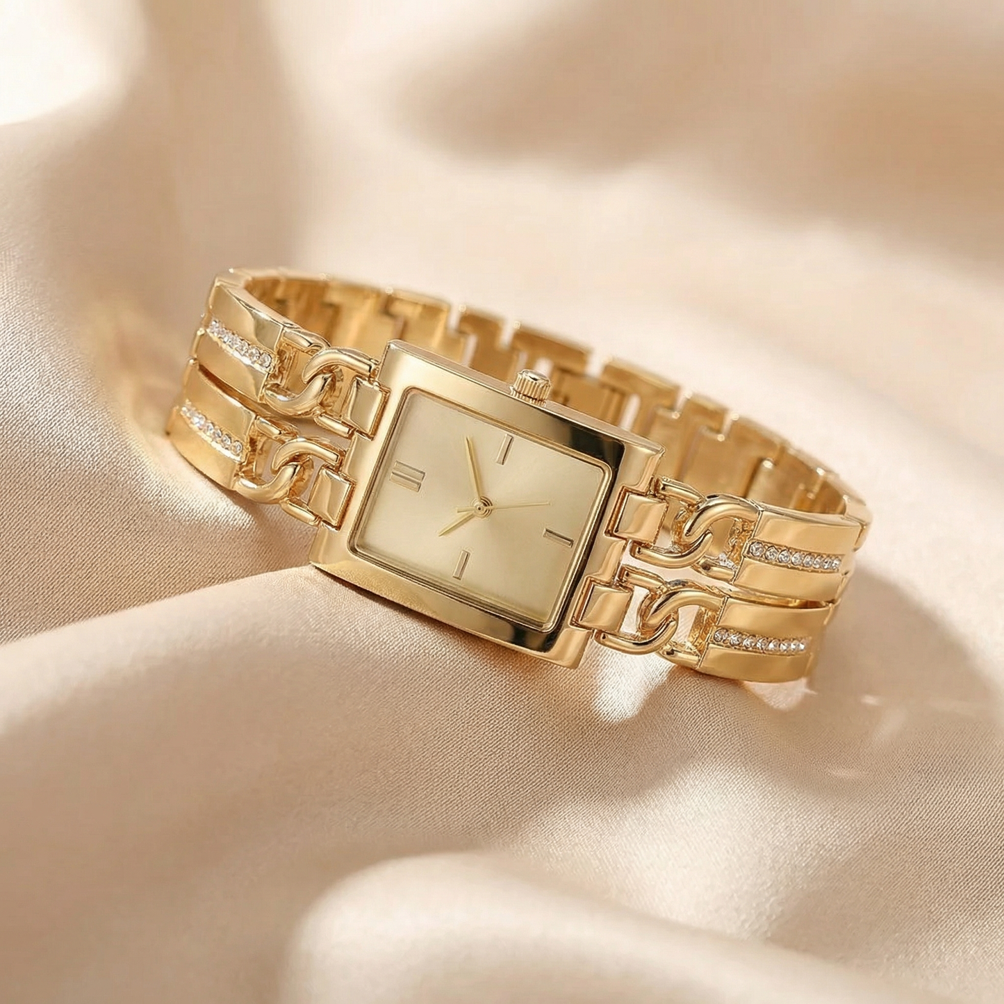 Luxury Gold Rectangular Bracelet Watch with Crystal-Link Design | Elegant Statement Dress Watch in Black, Gold & Champagne
