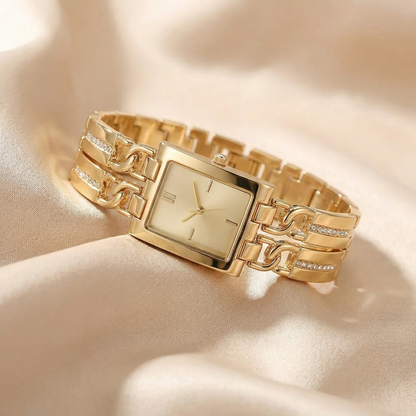Luxury Gold Rectangular Bracelet Watch with Crystal-Link Design | Elegant Statement Dress Watch in Black, Gold & Champagne