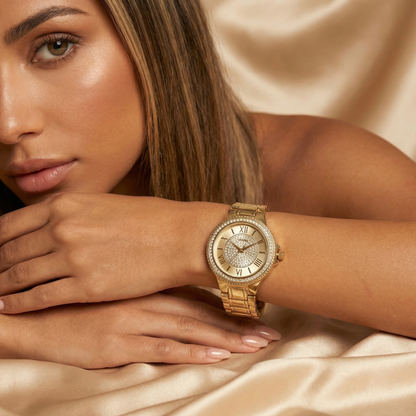 Elegant Crystal Dial Bracelet Watch in Gold, Rose Gold & Silver | Stainless Steel Quartz Watch with Roman Numerals