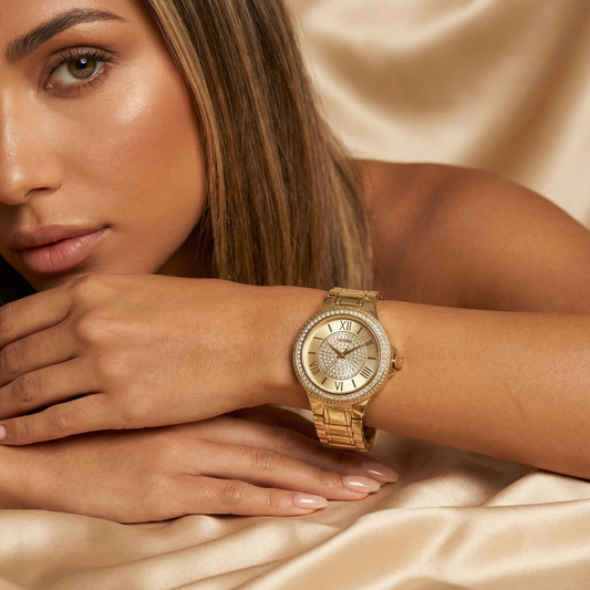 Elegant Crystal Dial Bracelet Watch in Gold, Rose Gold & Silver | Stainless Steel Quartz Watch with Roman Numerals