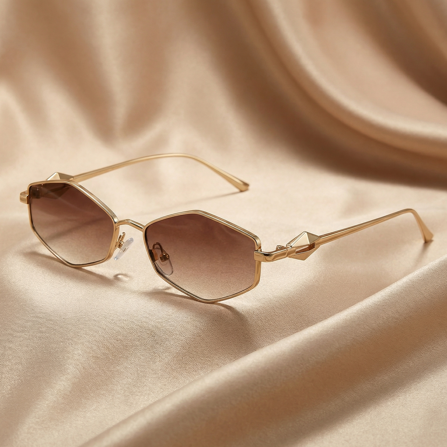 Luxury Geometric Rimless Sunglasses in Gold with Black, Green, Brown, Pink & Gradient Lenses | Elegant Minimalist Designer Eyewear