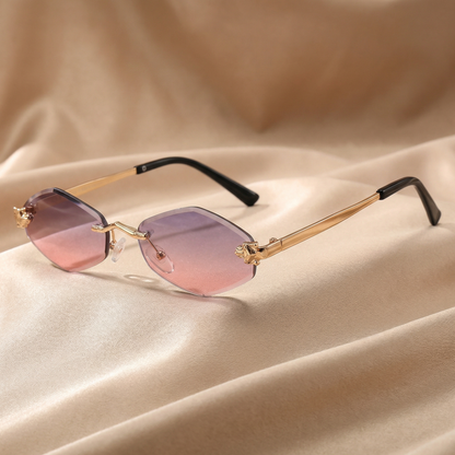 Luxury Rimless Hexagon Sunglasses in Gold with Gradient Lenses | Elegant Designer Metal Frame Sunglasses