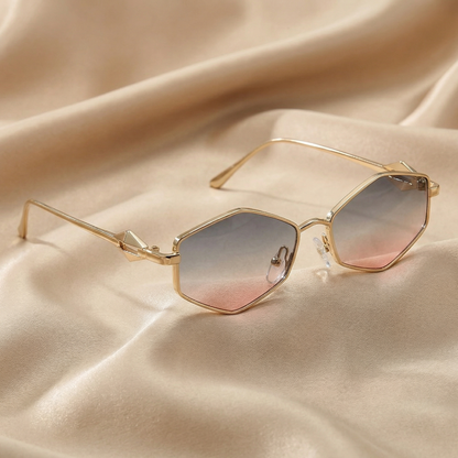 Luxury Geometric Rimless Sunglasses in Gold with Black, Green, Brown, Pink & Gradient Lenses | Elegant Minimalist Designer Eyewear