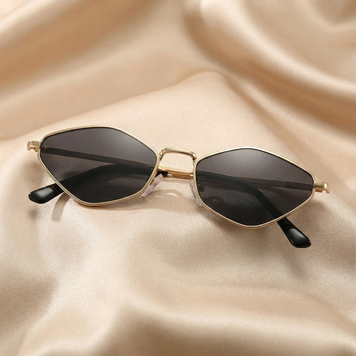 Modern Slim Hexagon Sunglasses in Gold with Green, Black & Brown Lenses | Lightweight Minimalist Metal Frame