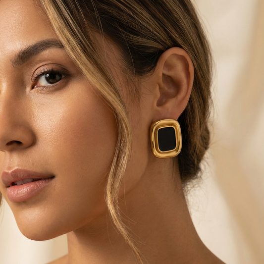 Luxury Black & Gold Geometric Statement Stud Earrings | Modern Stainless Steel Designer Earrings