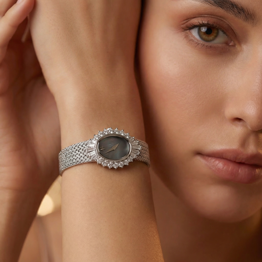 Luxury Oval Crystal Halo Bracelet Watch with Mesh Band | Elegant Vintage-Inspired Women’s Timepiece in Gold & Silver