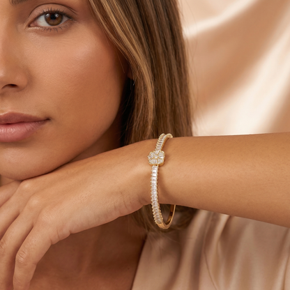 Luxury Floral Crystal Bangle Bracelet with Baguette Stones | Elegant Flower Statement Bracelet in Gold & Silver