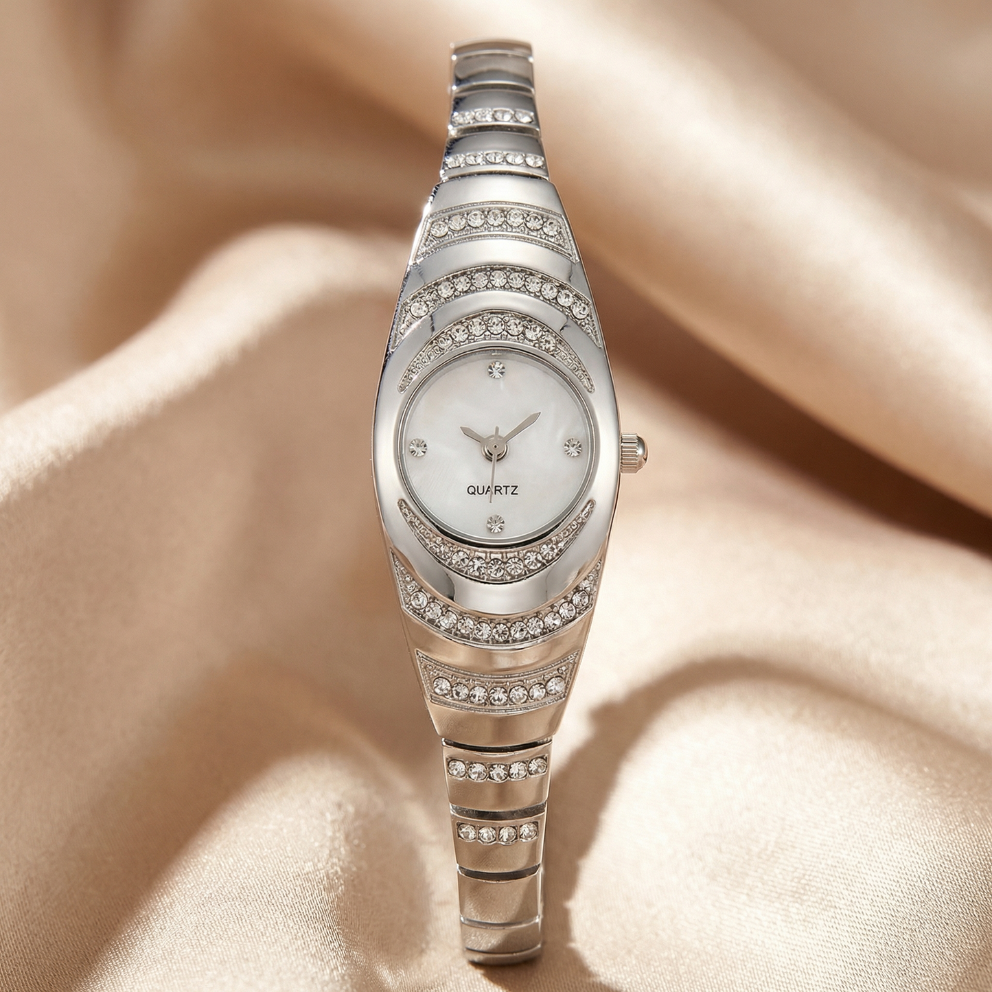 Elegant Crystal Oval Watch with Mother-of-Pearl Dial | Gold Rose Gold & Silver Quartz Bracelet Watch | Luxury Statement Timepiece