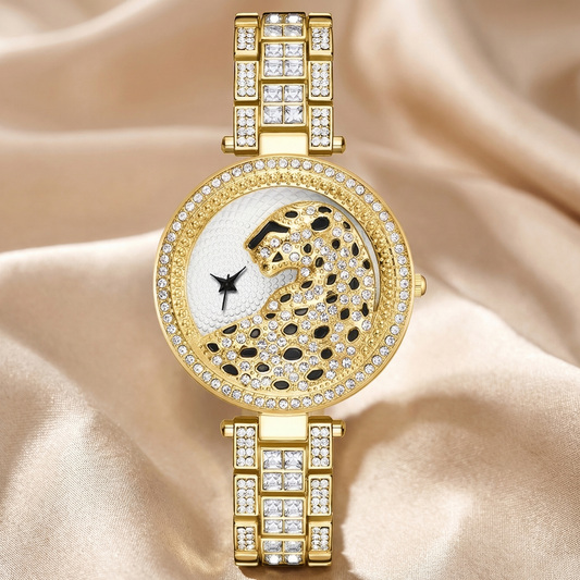 Luxury Crystal Leopard Dial Bracelet Watch with Pavé Bezel | Elegant Statement Women’s Timepiece in Gold, Rose Gold & Silver