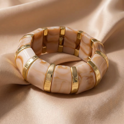 Luxury Marble Resin Stretch Bracelet in Beige & Gold | Elegant Statement Jewelry for Spring & Summer Style