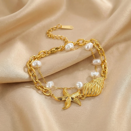 Elegant Coastal Charm Bracelet in Gold | Adjustable Pearl & Shell Chain Bracelet for Summer Style