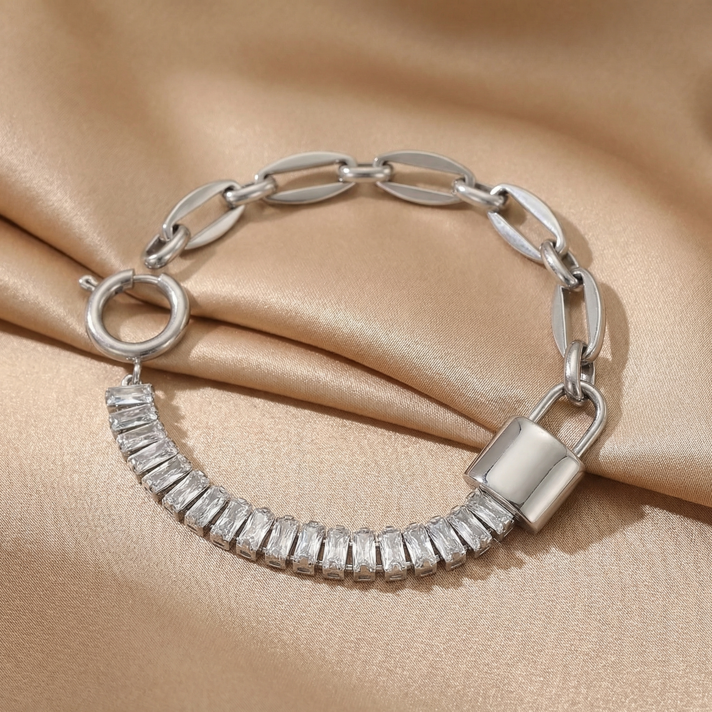 Luxury Crystal Link Bracelet in Gold & Silver | Statement Chain with Lock Detail