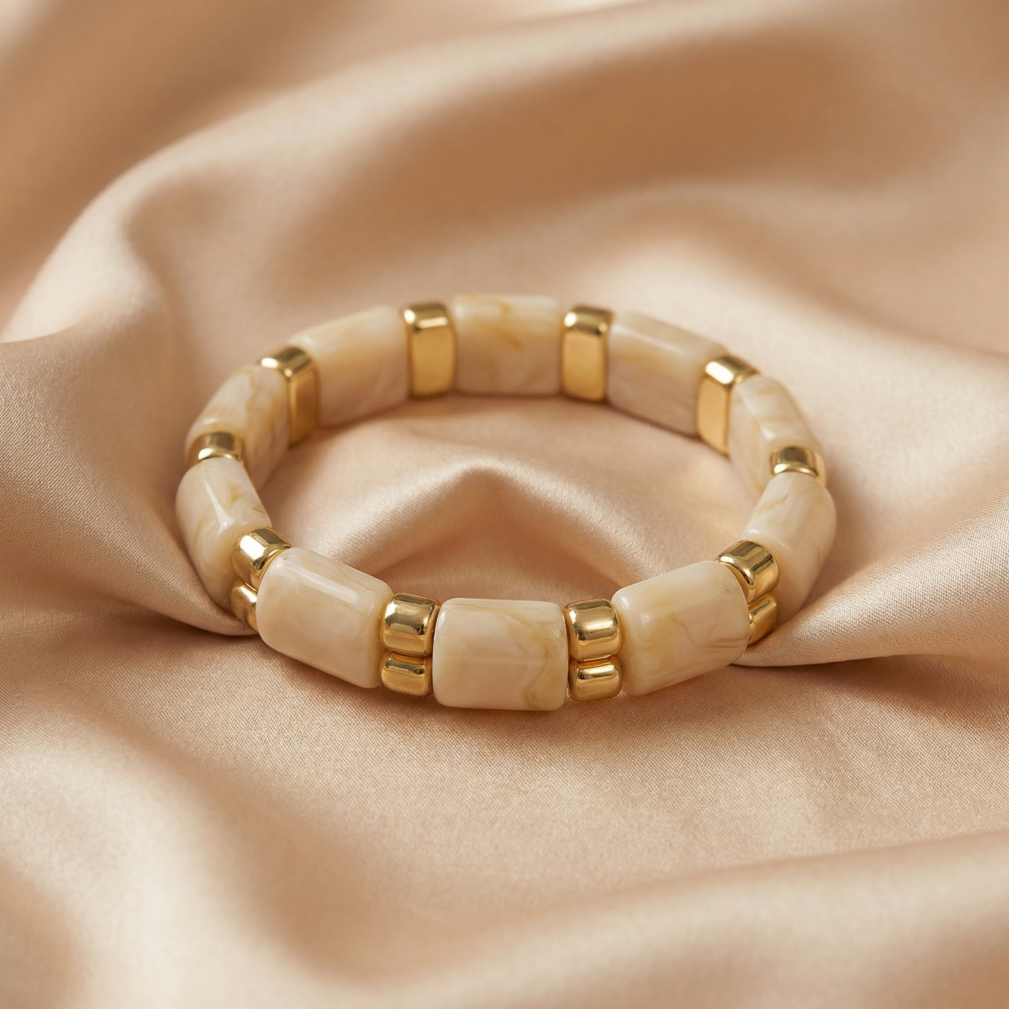 Luxury Marble Link Bracelet in Cream & Gold | Elegant Stretch Statement Jewelry for Spring & Summer Style