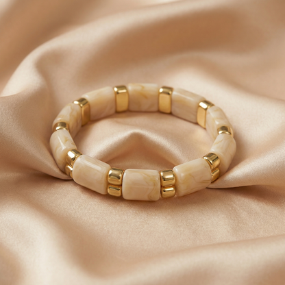 Luxury Marble Link Bracelet in Cream & Gold | Elegant Stretch Statement Jewelry for Spring & Summer Style