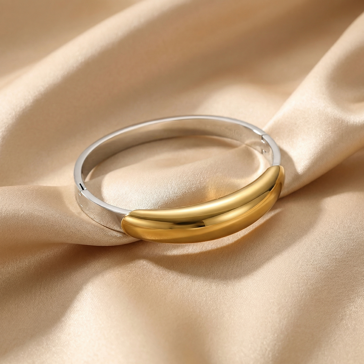 Dual-Tone Sculpted Bangle Bracelet in Gold & Silver | Modern Minimalist Design