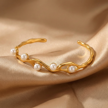 Luxury Organic Pearl Cuff Bracelet in Gold | Sculptural Open Bangle with Elegant Pearl Accents