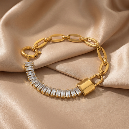 Luxury Crystal Link Bracelet in Gold & Silver | Statement Chain with Lock Detail