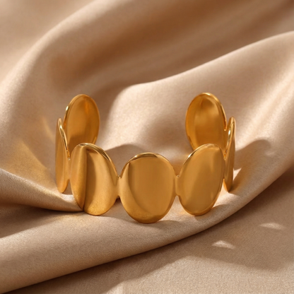 Sculptural Disc Cuff Bracelet | Gold Stainless Steel | Adjustable Fit | Modern Statement Elegance