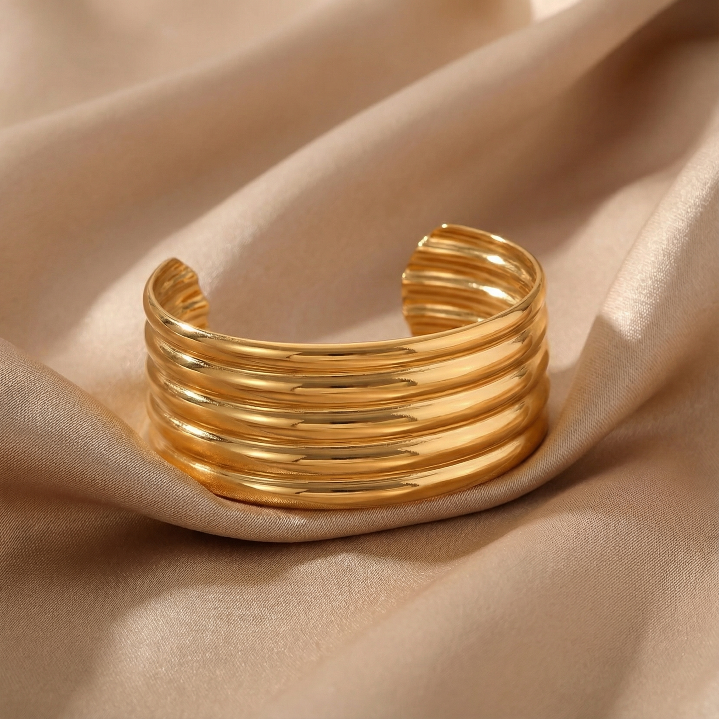 Layered Gold Cuff Bracelet | Gold Stainless Steel | Adjustable Fit | Modern Statement Jewelry