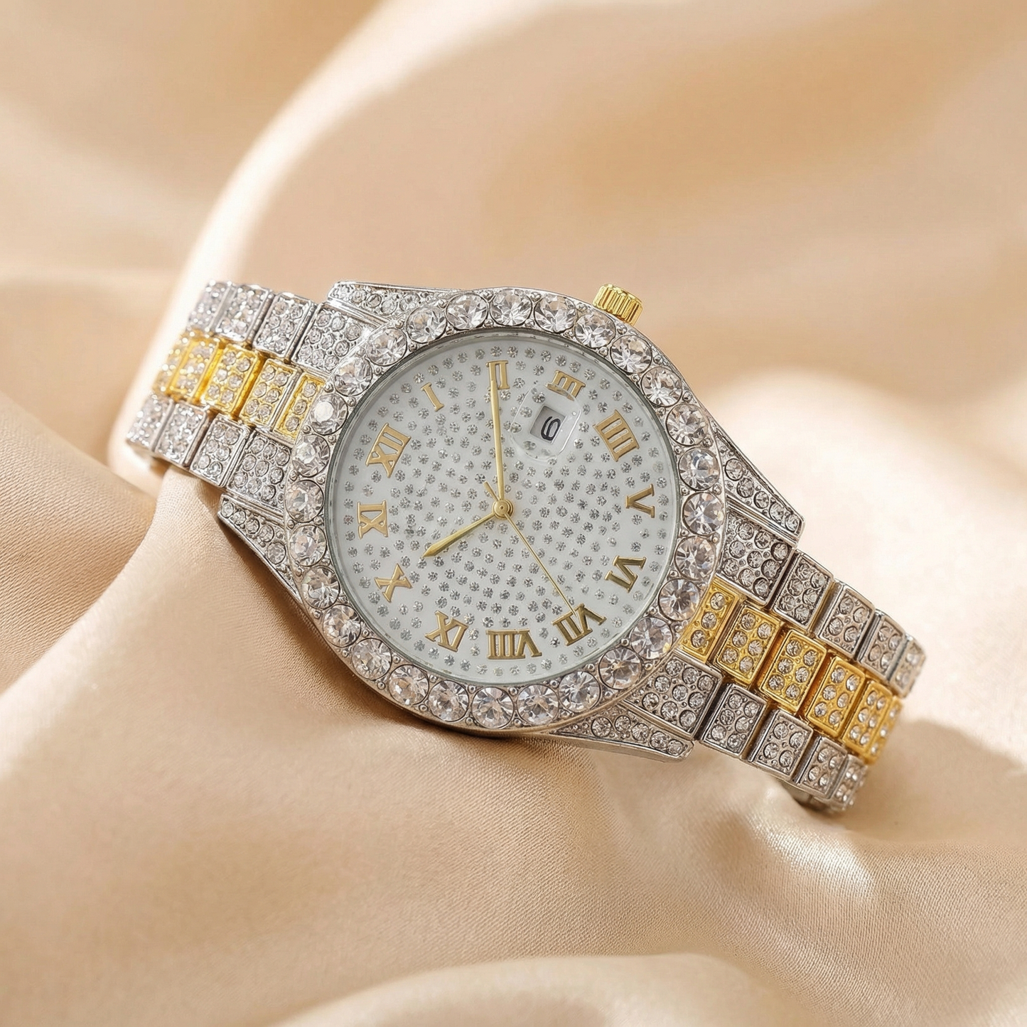 Luxury Crystal Roman Dial Watch in Gold, Silver & Rose Gold | Statement Diamond Timepiece with Date Display