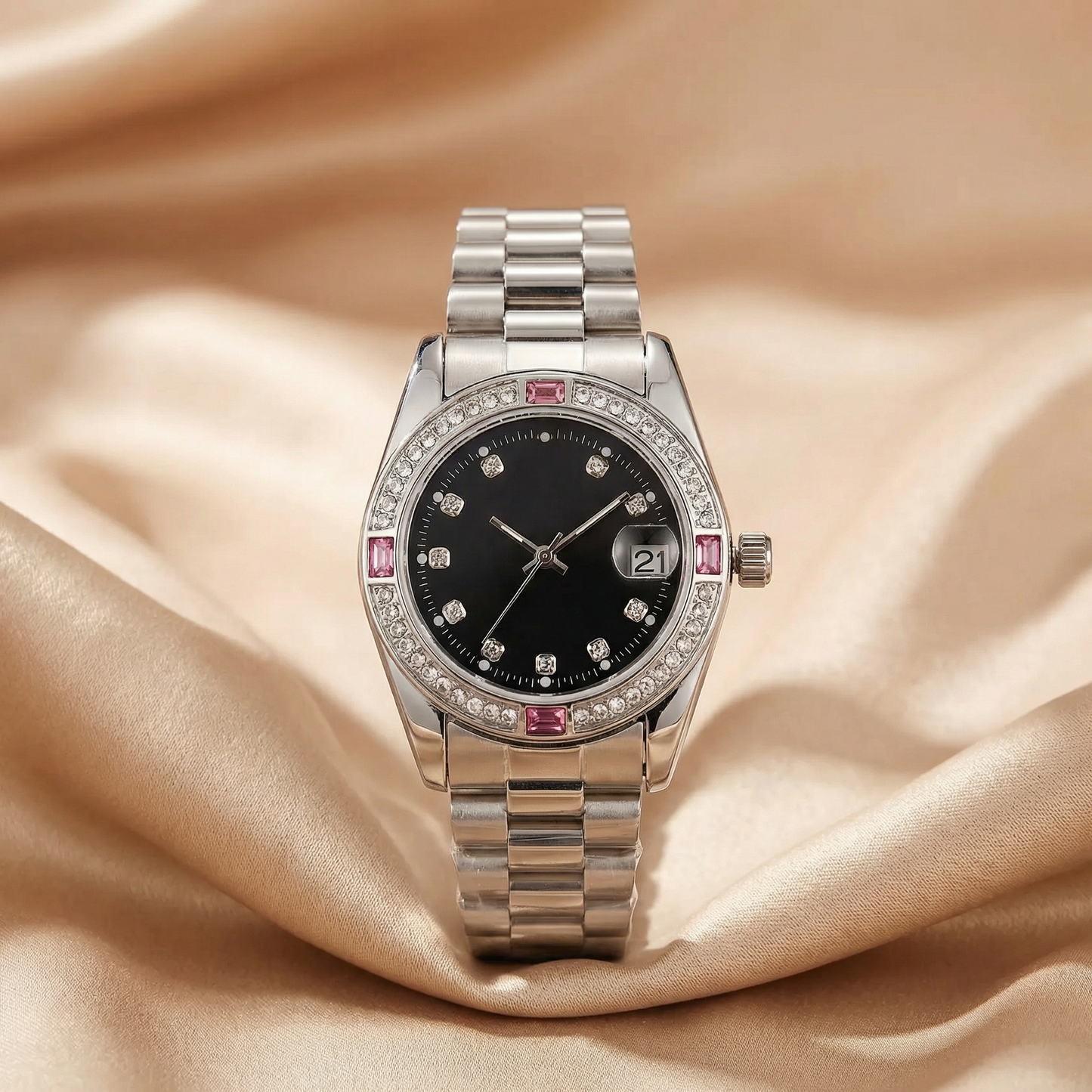 Crystal Date Bracelet Watch in Silver with White, Blue, Green, Red & Black Dial | Stainless Steel Quartz Watch