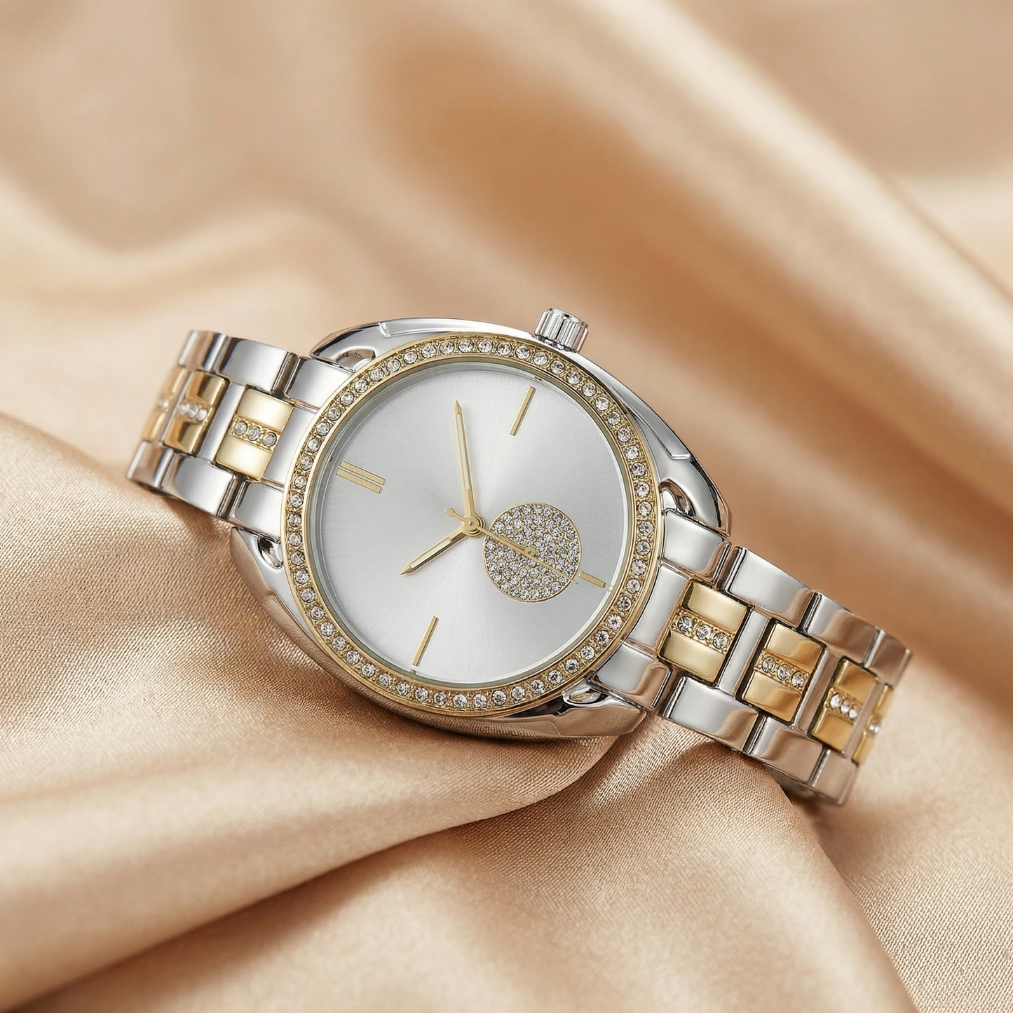 Crystal Dial Bracelet Watch with Polished Metal Link Band | Elegant Statement Timepiece