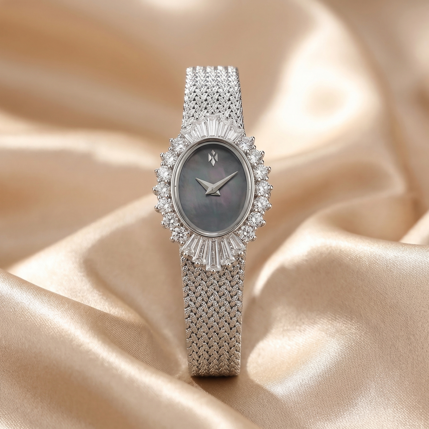 Luxury Oval Crystal Halo Bracelet Watch with Mesh Band | Elegant Vintage-Inspired Women’s Timepiece in Gold & Silver